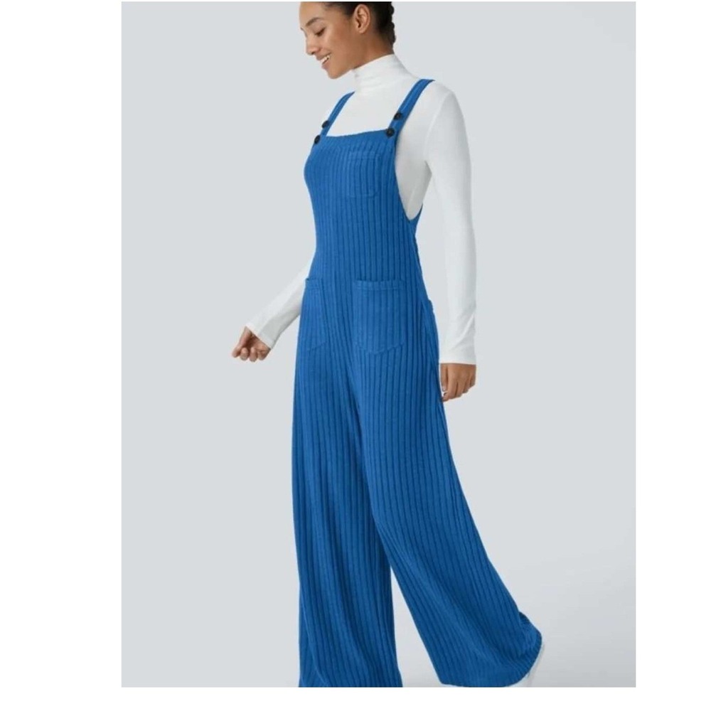 HALARA Ribbed Knit Wide-Leg Overalls Jumpsuit in Blue Size XL